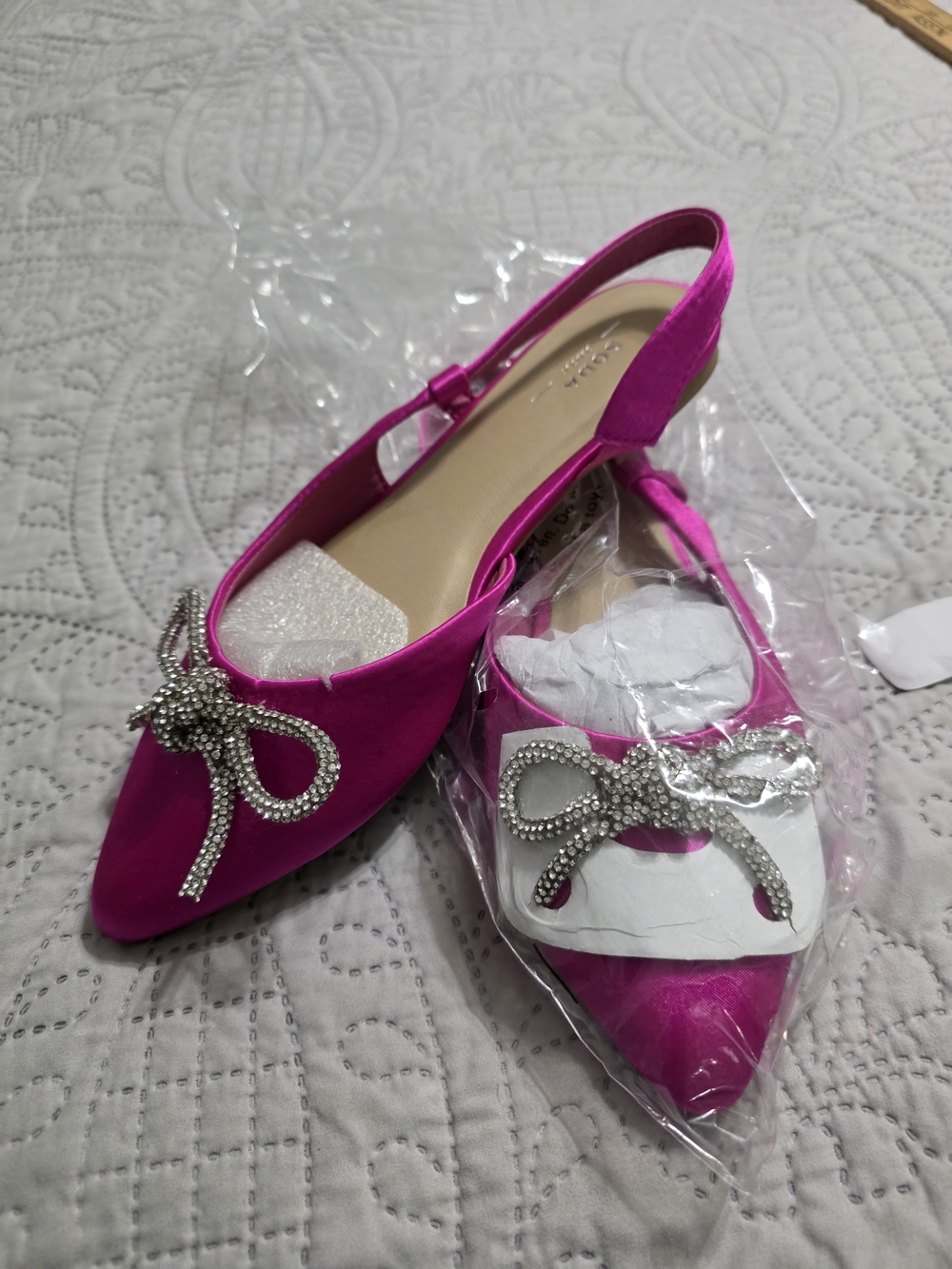 Soda Fuchsia Pointed Slingback Flats with Crystal Bow